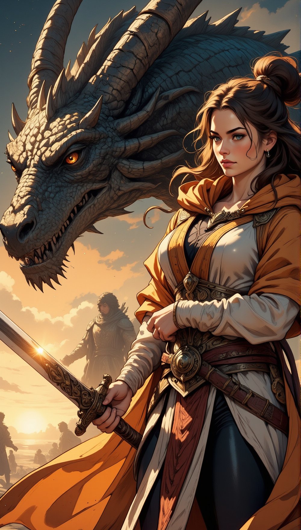 Prompt: Masterpiece, professional, award-winning, intricate details, ultra high detailed, 64k, volumetric light, dynamic lighting, Movie Aesthetic, action shot, comic book panels by Travis Charest and Phil Noto (colored). Extreme detailed character, A very beautiful dragon warrior girl, her proud features illuminated by a warm golden light. She wears a flowing cloak and holds a sword aloft, her gaze directed forward with unwavering determination. In the background, a massive dragon is chained, its scales glistening like dark gemstones as it gazes out at the warrior girl with ancient wisdom. Dark clouds gather on the horizon, threatening to unleash a storm, yet the warrior girl remains steadfast, ready to face whatever challenges lie ahead.,Midjourney style,anime