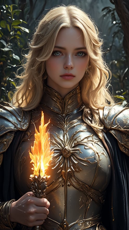 (best quality), (realistic, photo-realistic:1.3), (masterpiece:1.3), CG, unity, 8k, amazing, finely detail, ultra-detailed, highres, absurdres, ((ultra-detailed)), ((highly detailed CG illustration)), ((an extremely delicate and beautiful)), (cute delicate face), cinematic light, cinematic compotision, best shadow, extremely detailed eyes and face, beautiful detailed nose, beautiful detailed hand, beautiful detailed eyes. A cinematic portrait of a fearless medieval warrior woman: Amidst the foreboding darkness, her determined gaze illuminates the desolate landscape as she strides forward, fire torch ablaze in her steady hand, casting warm golden light on her blonde hair and intricate armor patterns that gleam amidst the misty veil. Her passionate smile and dynamic pose convey unwavering courage, as hints of malevolent demons lurk in shadows, their dark silhouettes contrasting with the soft idyllic background whispers ancient mysticism.