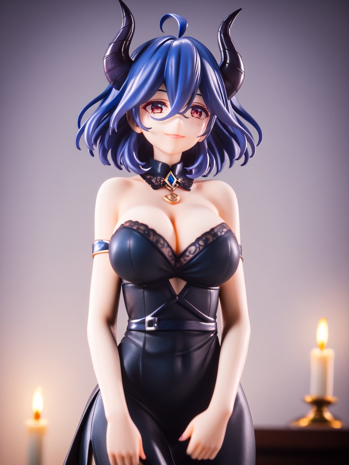 masterpiece, best quality, highres
,//Character, 
1girl, solo, vermeil \(KINSOU NO VERMEIL\), short hair, blue hair, hair between eyes, ruby eyes, horns, ahoge, big breasts 
,//Fashion, 
black dress, bare shoulders, detached collar, cleavage, passion smile
,//Background, 
,//Others, ,Expressiveh, 
A young demoness, standing sexy pose, surrounded by ominous statues and flickering red candles, detailed background., score_9_up, score_8_up,score_7_up,3D,PVC Style