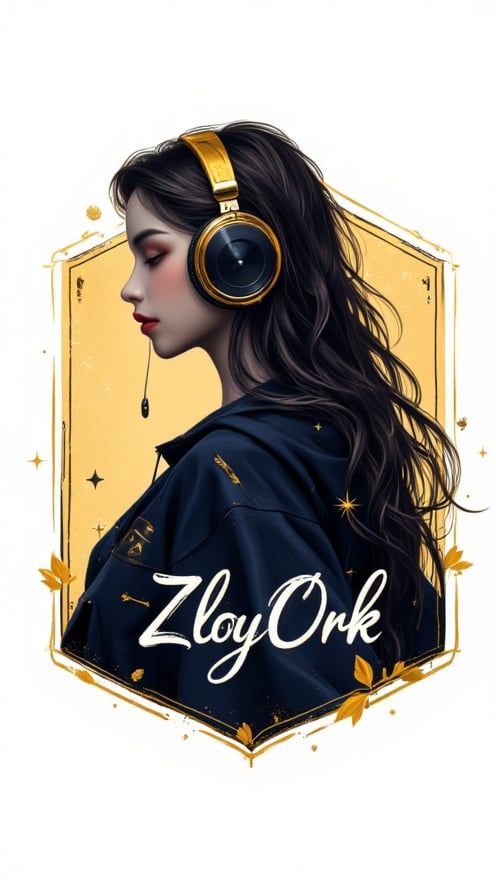 Logo badge. Create a chic and eye-catching logo that showcases the silhouette of a girl with long hair wearing large headphones. The silhouette should convey a sense of music and rhythm. Enclose the design within an elegant golden frame to add a touch of sophistication. Below or around the silhouette, include the text 'ZloyOrk' in a modern and stylish font that harmonizes with the overall theme. The color palette should emphasize gold, with contrasting colors to enhance the logo's visual impact.