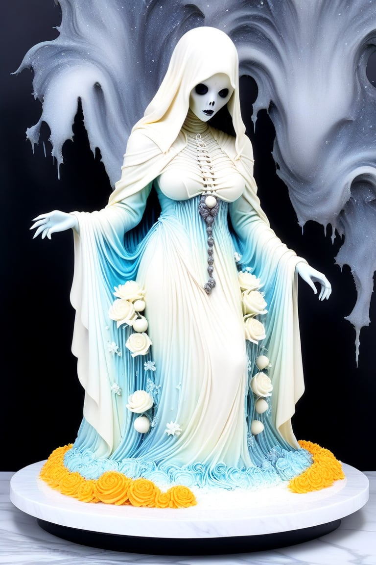 A buttercream cake sculpture full body closeup of a female Pocong (the ghostly figure is swathed in a tattered death shroud), her large breasts are visible, its hollow eyes glowing with an otherworldly intensity. Mini figure by Aaron Horkey and Jeremy Mann, figure decorated in elaborate colorful designs,  displayed on a marble counter, there is buttercream frosting with iridescent gloss, sugar flowers, and piping, 
