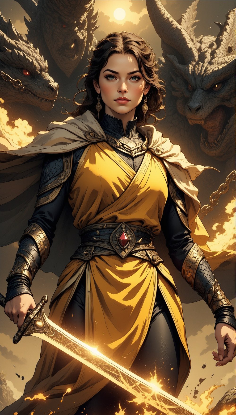 Prompt: Masterpiece, professional, award-winning, intricate details, ultra high detailed, 64k, volumetric light, dynamic lighting, Movie Aesthetic, action shot, comic book panels by Travis Charest and Phil Noto (colored). Extreme detailed character, A very beautiful dragon warrior girl, her proud features illuminated by a warm golden light. She wears a flowing cloak and holds a sword aloft, her gaze directed forward with unwavering determination. In the background, a massive dragon is chained, its scales glistening like dark gemstones as it gazes out at the warrior girl with ancient wisdom. Dark clouds gather on the horizon, threatening to unleash a storm, yet the warrior girl remains steadfast, ready to face whatever challenges lie ahead.,Midjourney style,cartoon