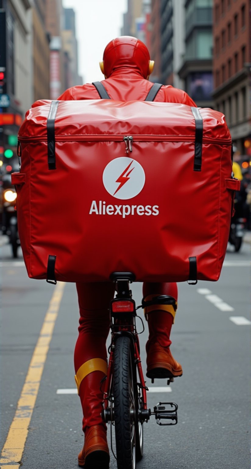 Superhero Flash is riding a bike down the street, on his back he has a large courier bag for food with logo - the inscription "Aliexpress" on it.