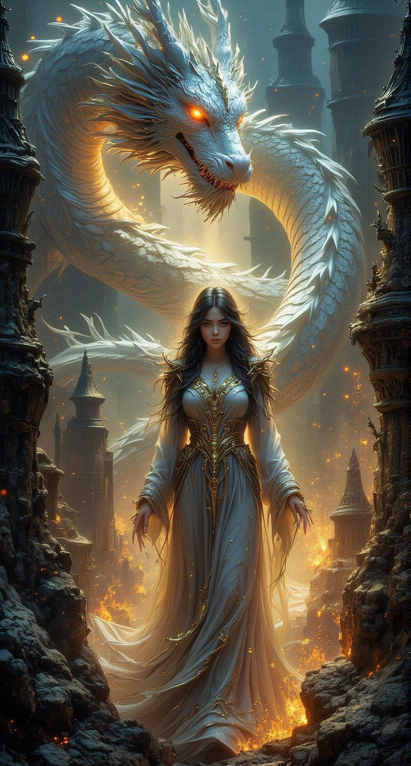 Whispers of Enchantment: A delicate, hand-painted scene.  In a dimly lit ancient cityscape, a mysterious sorceress materializes amidst crumbling spires and towers, standing tall clad in resplendent silver and gold dress with intricate details and delicate bow at the nape of her long flowing black hair. Soft volumetric lighting illuminates pale skin glowing with an ethereal quality and piercing pink eyes aglow like embers as she summons a majestic dragon with shimmering white scales. Its fiery breath casts long shadows across crumbling architecture, charged air thick with tension as the sorceress exudes formidable strength and sinister allure. Whimsical whirlwind of calligraphic script, set against the soft focus of an ultra-fine deep ruby watercolor painting. Her ethereal features are framed by swirling brushstrokes, as if infused with the gentle breeze. 8K, illustration Style, lacquerwork, Masterpiece, ink style