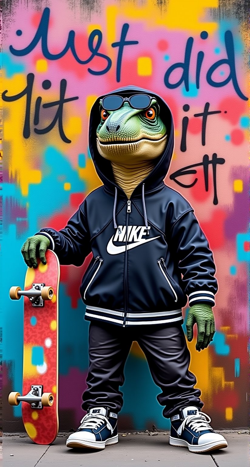 Create a graffiti on the wall: anthropomorphic Raptor (cute, smiling face), kaleidoscope of colors. The prehistoric creature sports a black Nike jacket and sports sunglasses, holding a skateboard in one hand and wearing Nike sneakers. Its sharp contours stand out against the riotous mix of hues as it proudly poses. In the background, the cheeky phrase Just did it scrawls across the wall in playful street art style, capturing the Raptor's infectious enthusiasm for 2000s hip hop culture.