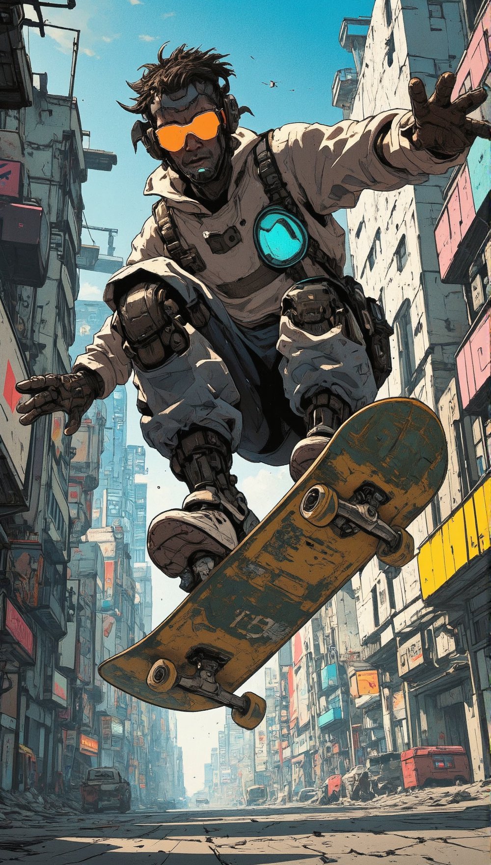 In a cinematic masterpiece, a skateboarder soars through a dystopian metropolis, bathed in volumetric light that simulates 64k resolution. Dynamic lighting accentuates intricate details on their gear and attire, as if crafted by Travis Charest and Phil Noto's finest comic book panels. The scene is set against a backdrop of gritty urban decay, reminiscent of Hideo Kojima's vision. With every curve and scrape, the skateboarder's action shot defies gravity, while the surroundings seem to warp and distort around them, as if reality itself has been manipulated. This breathtaking image is an original work of art that redefines the boundaries of visual storytelling, a testament to the ultimate in artistic excellence.