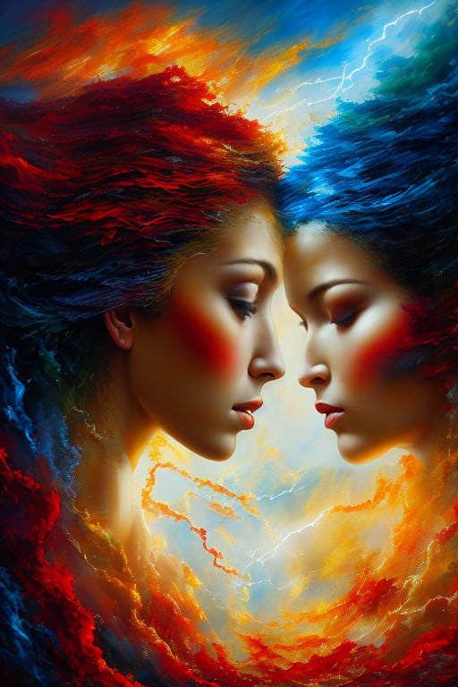 Two souls entwined amidst tumultuous skies, a tempestuous dance under the fiery storm's veil. A palette knife swirls vibrant hues: cobalt blues, cadmium reds, and ochre yellows, as the artist's brushstrokes converge with nature's fury. The subjects' faces aglow, their love shines brighter than the lightning's crackle, as they cling together in a fierce embrace, defying the tempest's wrath.