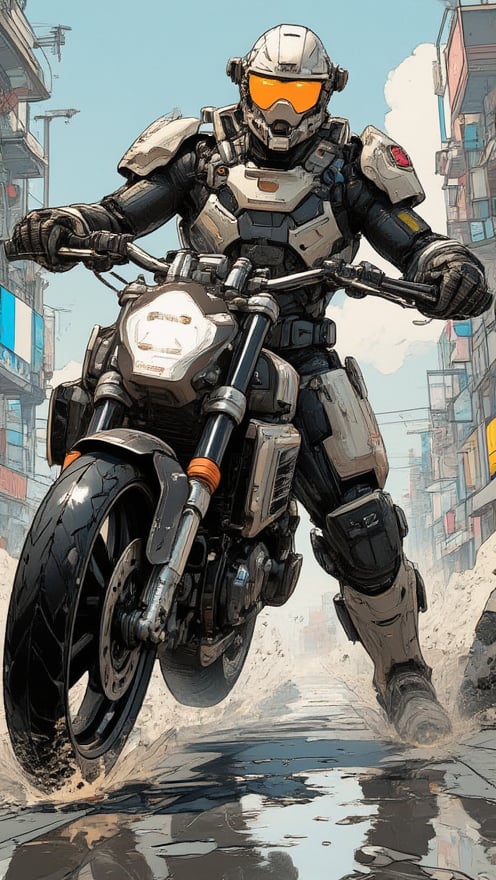 Masterpiece, professional, award-winning, intricate details, ultra high detailed, 64k, volumetric light, dynamic lighting, Movie Aesthetic, action shot, comic book panels by Travis Charest and Phil Noto (colored). Bike In the style of Hideo Kojima, superb detail, It must not be commonplace, Must have a very complex structure, Must have a very high degree of randomness, Must be an image that no one has ever seen before, It has to be very original, Must have tremendous detail, It has to be of the highest artistic quality, It has to be the ultimate, Failure is not an option.