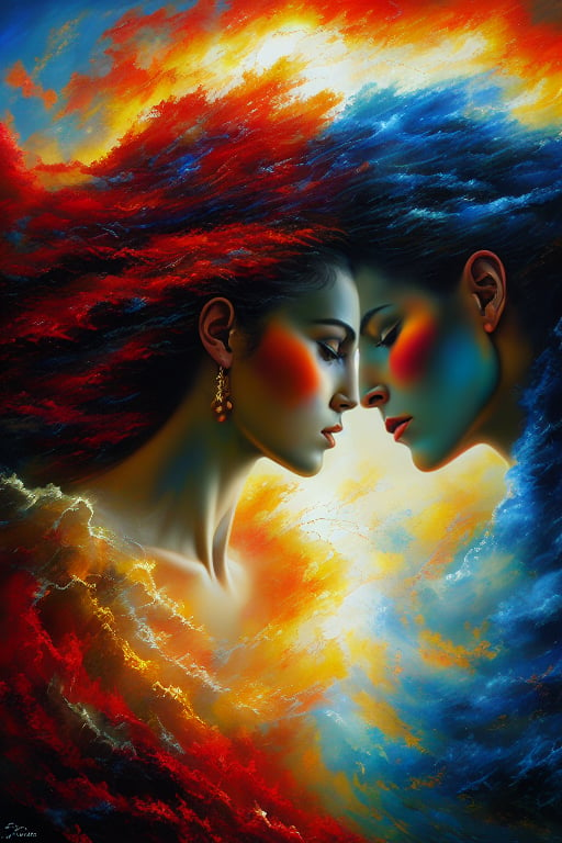 Two souls entwined amidst tumultuous skies, a tempestuous dance under the fiery storm's veil. A palette knife swirls vibrant hues: cobalt blues, cadmium reds, and ochre yellows, as the artist's brushstrokes converge with nature's fury. The subjects' faces aglow, their love shines brighter than the lightning's crackle, as they cling together in a fierce embrace, defying the tempest's wrath.