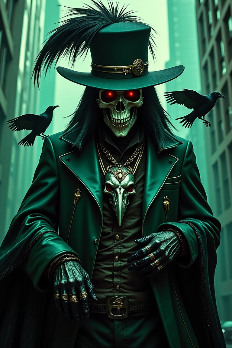 Against a stark, cityscape backdrop, the Grim Reaper emerges as a 1970s-era pimp, donning a zoot suit-inspired ensemble of inky black and emerald green. He strikes a dynamic pose, one hand grasping a raven skull head pendant adorned with Cain's visage. A majestic, feathery hat crowns his dapper persona, while ravens subtly integrate into the composition, their silhouettes weaving through the urban scenery. High-contrast lighting casts dramatic shadows, showcasing every detail of this hyper-realistic masterpiece in razor-sharp HD resolution, SKAVEN, RPG