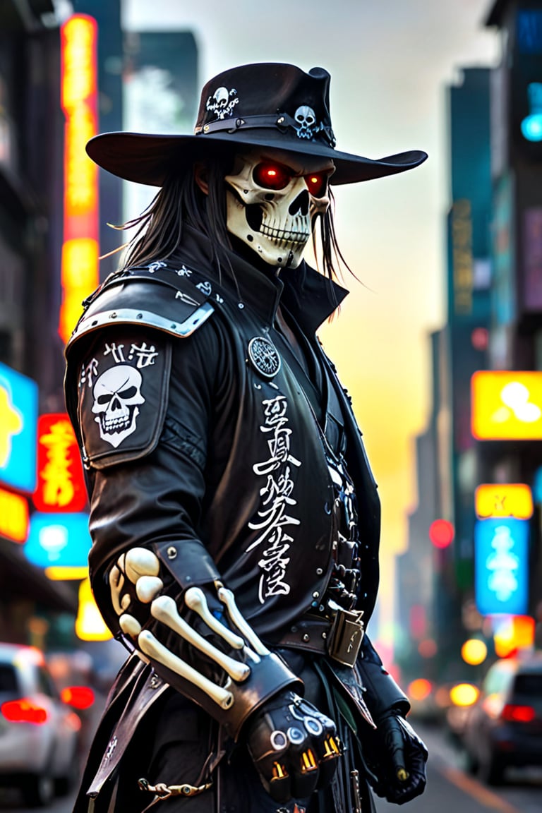 ((masterpiece)), ((best quality)), (((photo Realistic))),
A lone cyborg samurai assassin stands tall, fists clenched and gaze fixed on the horizon, as the warm glow of sunrise illuminates the neon-drenched cityscape in the distance. A wide-brimmed hat with a pirate patch shields his face, while flowing hair whips around his skull-like features. His high-collared motorcycle jacket, adorned with Japanese writing that seems to pulse with otherworldly energy, clashes with the dark grey and bleached white background. Wires and nano-tech implants snake across his shoulders, amplifying his cybernetic edge. In the foreground, a skeleton-liked skull adorns his jacket sleeve, a grim reminder of his deadly profession.