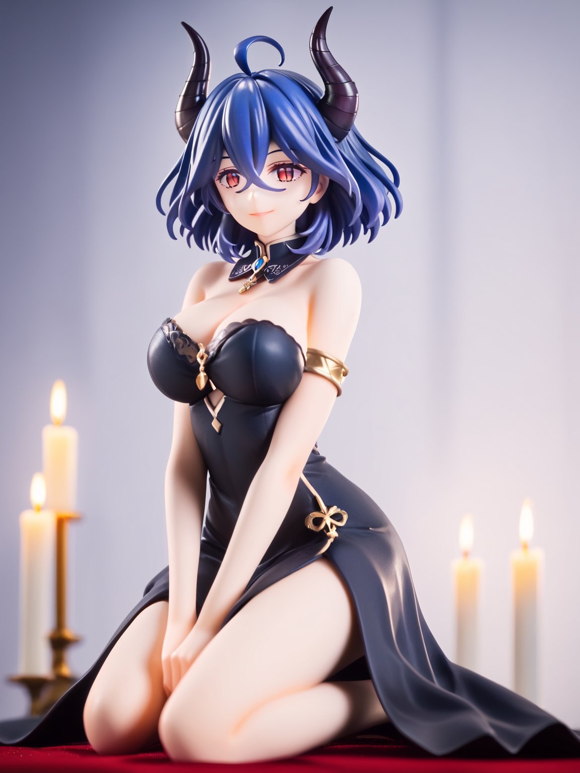 masterpiece, best quality, highres
,//Character, 
1girl, solo, vermeil \(KINSOU NO VERMEIL\), short hair, blue hair, hair between eyes, ruby eyes, horns, ahoge, big breasts 
,//Fashion, 
black dress, bare shoulders, detached collar, cleavage, slit pupils, passion smile
,//Background, 
,//Others, ,Expressiveh, 
A young priestess kneeling before a dark altar, surrounded by ominous statues and flickering candles., score_9_up, score_8_up,score_7_up,3D,PVC Style