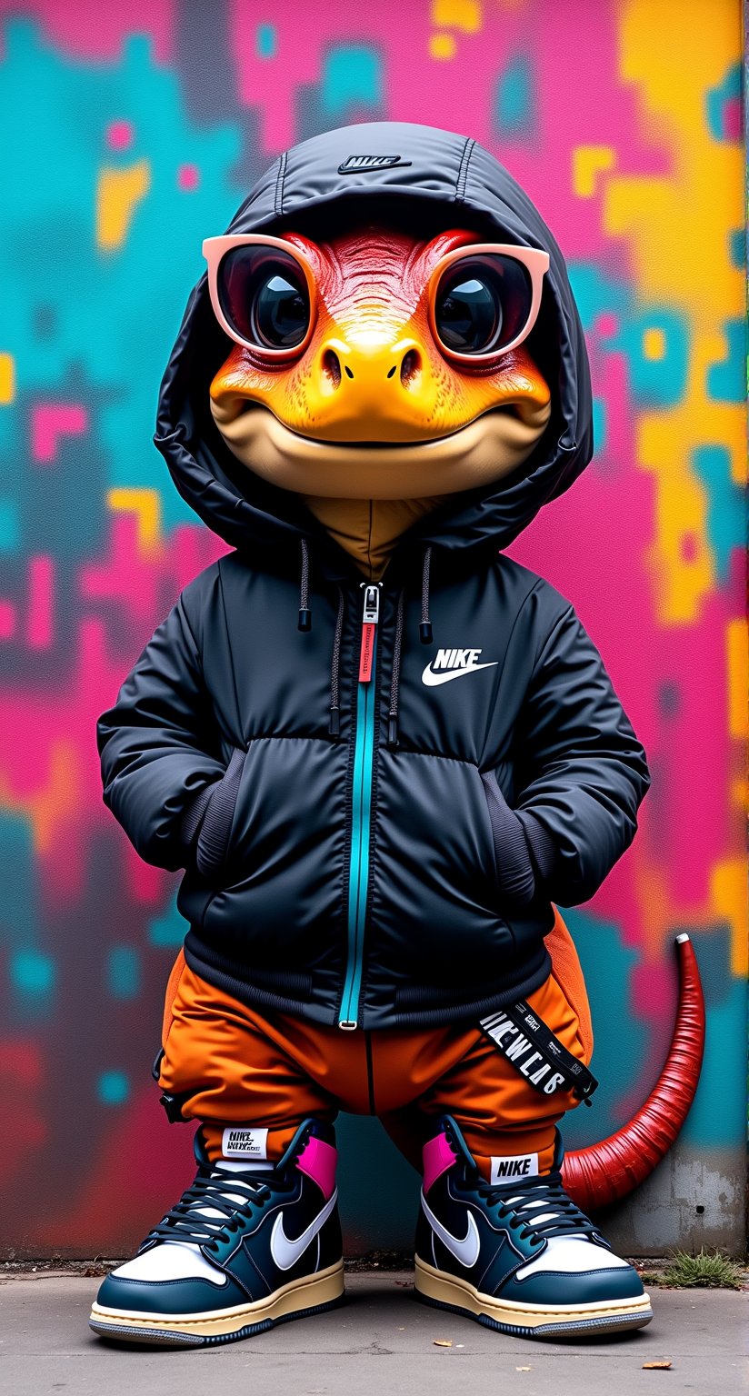 Create a graffiti on the wall: anthropomorphic Raptor (cute, smiling face), kaleidoscope of colors. The prehistoric creature sports a black Nike jacket and sports sunglasses, holding a skateboard in one hand and wearing Nike sneakers. Its sharp contours stand out against the riotous mix of hues as it proudly poses. In the background, the cheeky phrase Just did it scrawls across the wall in playful street art style, capturing the Raptor's infectious enthusiasm for 2000s hip hop culture.