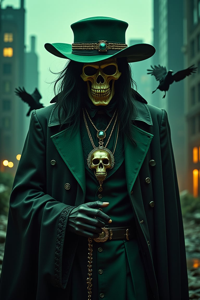 A cityscape's industrial landscape serves as a striking backdrop for the Grim Reaper, resplendent in a 1970s-inspired zoot suit of midnight black and emerald green. He poses with panache, one hand grasping a raven skull pendant featuring Cain's visage. A majestic hat adorns his dapper head, while ravens subtly weave through the urban scenery. High-contrast lighting casts dramatic shadows, highlighting every detail in razor-sharp HD, SKAVEN, RPG