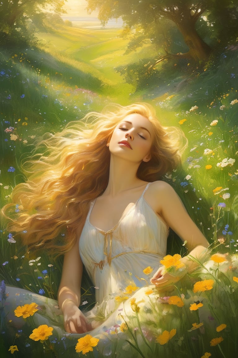 A serene Wildflower Daydream Goddess lounges amidst a vibrant meadow, surrounded by sun-kissed petals and soft grass. Her flowing locks cascade down her back like a river of gold, as she gazes up at the sky with a dreamy expression. The warm sunlight casts a gentle glow on her skin, accentuating the delicate features of her face.