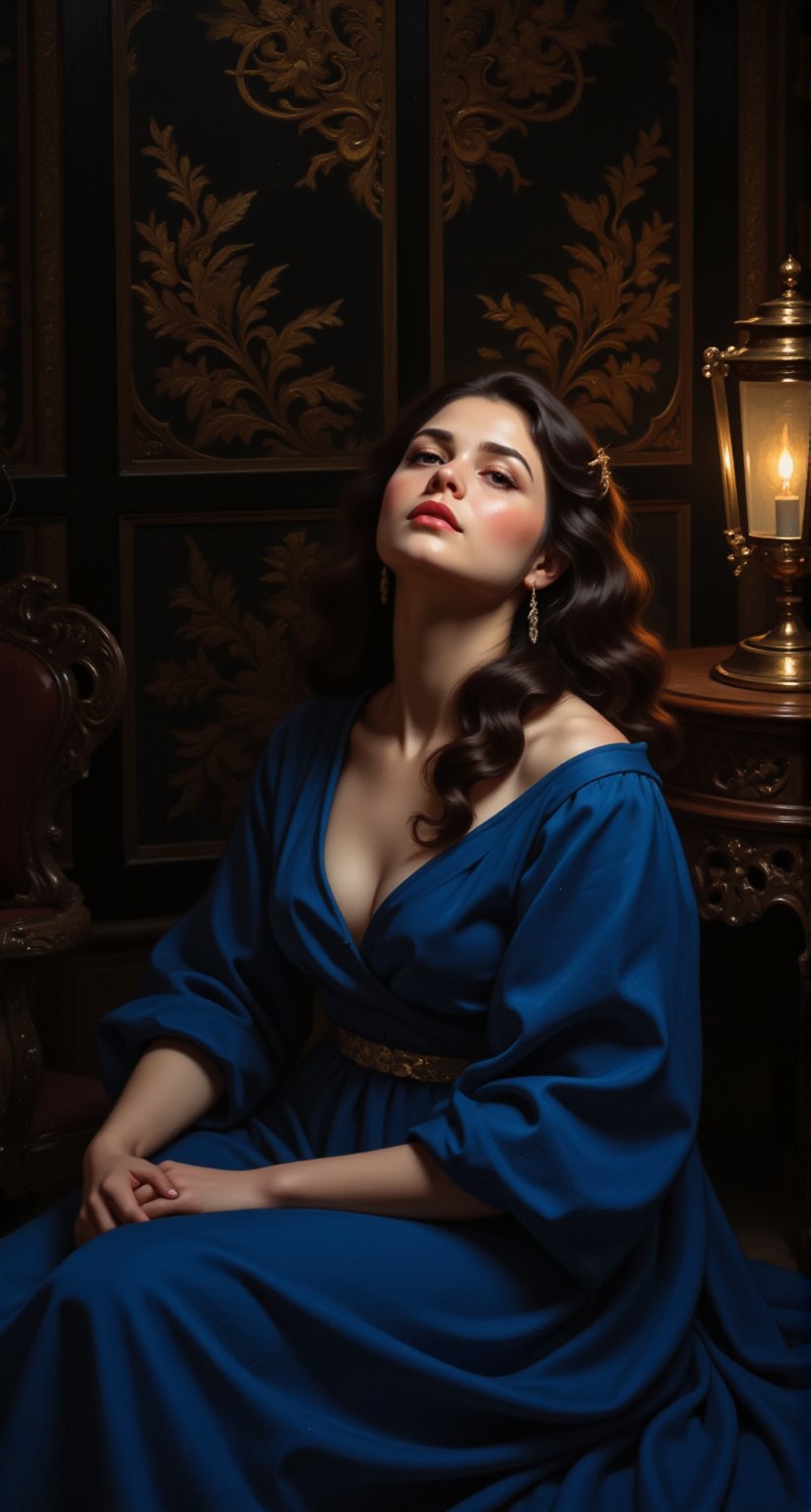 In a serene, dimly lit chamber, a ravishing woman with porcelain skin and raven tresses sits amidst. Her delicate features are illuminated by the soft glow of a lantern, as if anointed by the divine. The ultra-fine brushstrokes of deep ultramarine oil paint dance across her face, capturing every nuance of her beauty. In the background, intricate lacquerwork adorns the walls, its subtle sheen adding depth to the overall composition. The subject's gaze is cast up, as if lost in thought, amidst the swirling vortex of artistic expression. illustration, oil painting