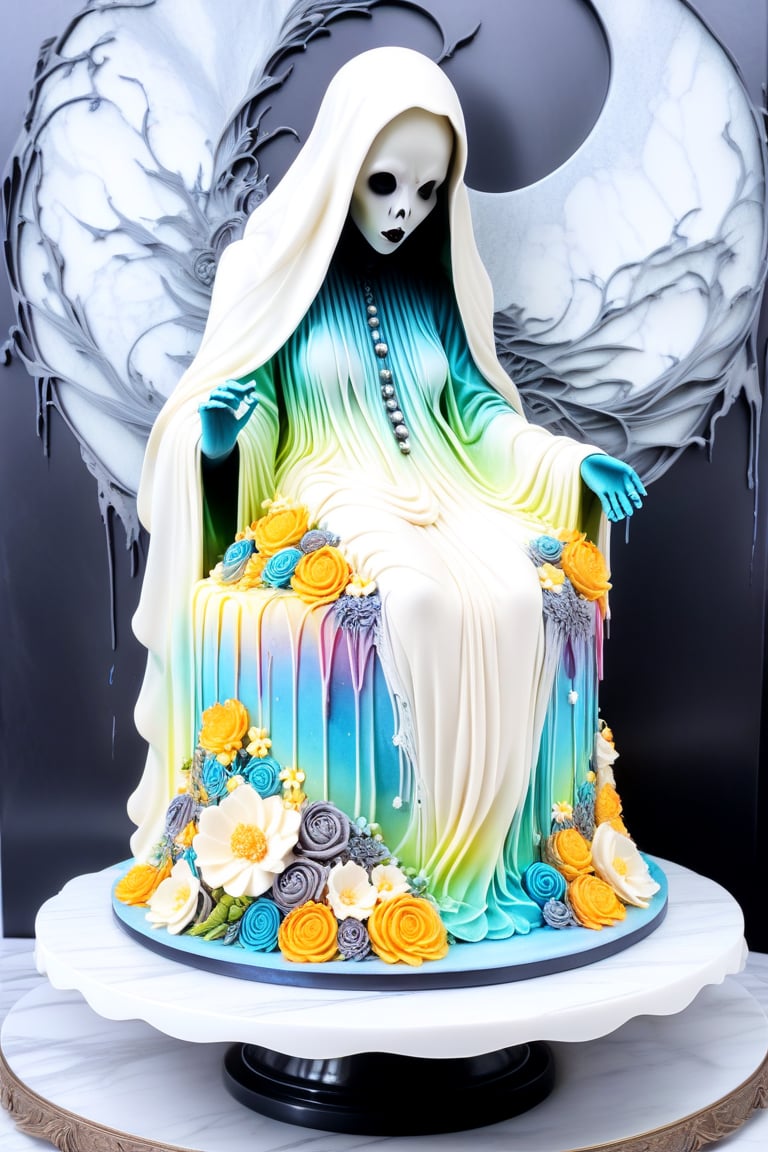 A buttercream cake sculpture full body closeup of a female Pocong (the ghostly figure is swathed in a tattered death shroud), her large breasts are visible, its hollow eyes glowing with an otherworldly intensity. Mini figure by Aaron Horkey and Jeremy Mann, figure decorated in elaborate colorful designs,  displayed on a marble counter, there is buttercream frosting with iridescent gloss, sugar flowers, and piping, 
