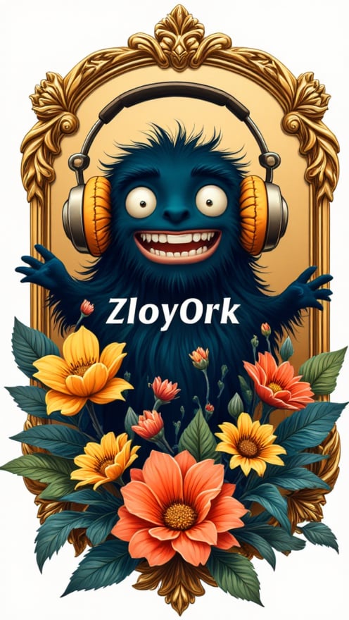 Logo badge. Design a playful and memorable logo that features the silhouette of a cute monster wearing large headphones. The monster should have a friendly expression and be adorned with colorful flowers to emphasize a fun and whimsical vibe. Enclose this design within an elegant golden frame to give it a touch of sophistication. Position the text 'ZloyOrk' in a playful yet stylish font that complements the overall design. The color scheme should prominently feature gold, along with vibrant colors for the flowers to make the logo stand out.