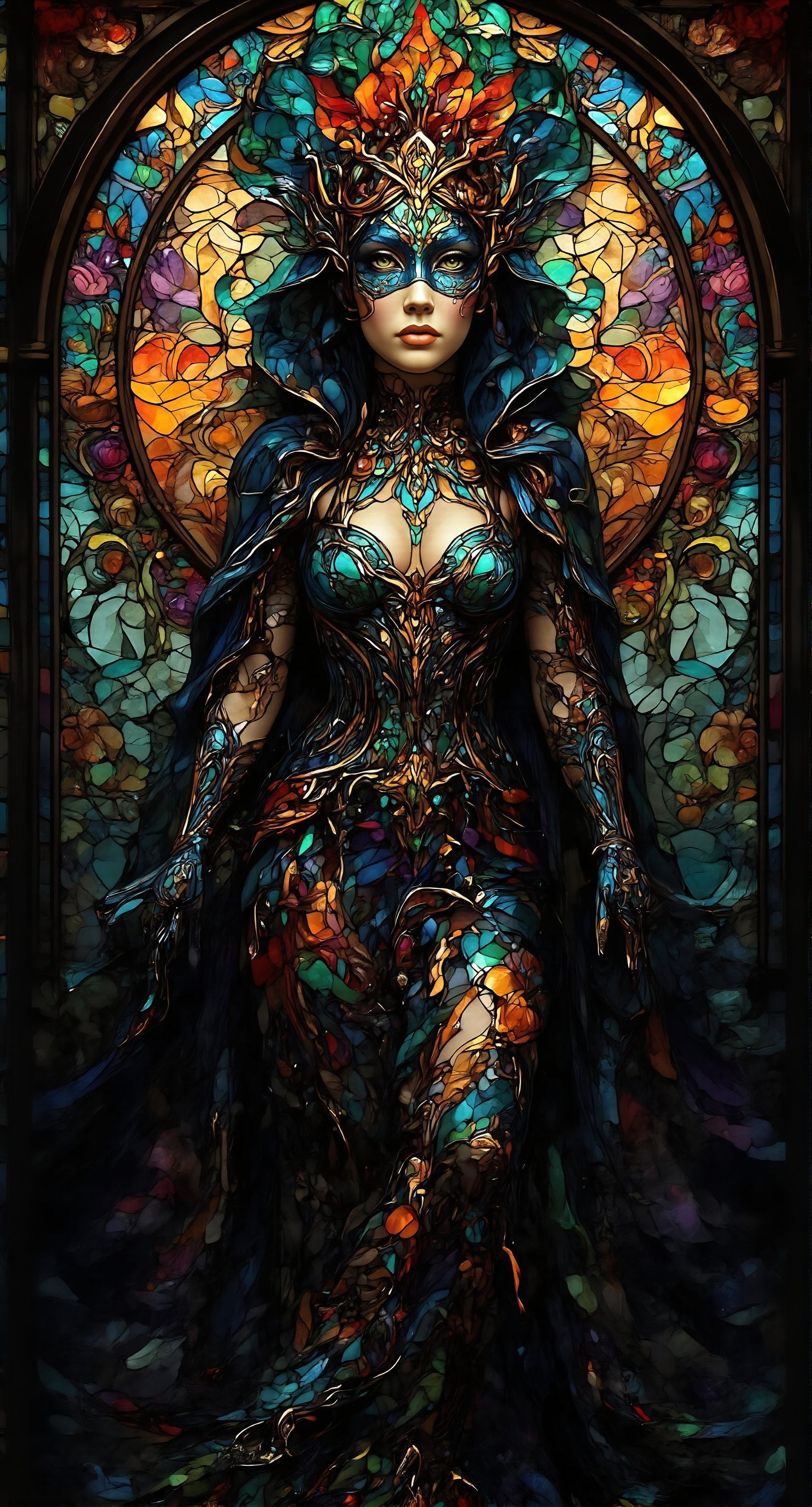 A stunning stained glass artwork featuring a mystifying gothic beauty dons a masquerade mask, her delicate features shrouded in an aura of enchantment. Framing her ethereal visage as she seems to blend with the artistic expression. Mystery and allure, while soft light whispers secrets. The colors are rich and bold, with emeralds, ultramarine, rubys and black color. The millions of mini glass fragments highlight the curves of the beautiful body. The overall effect is one of ethereal beauty.