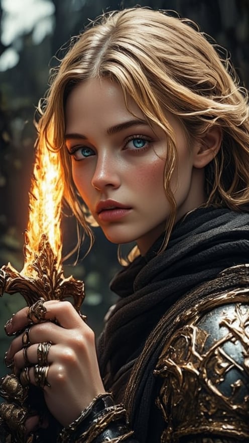 A cinematic portrait of a fearless medieval warrior woman: Amidst foreboding darkness, her determined gaze illuminates the desolate landscape as she strides forward, fire torch ablaze in her steady hand, casting warm golden light on her blonde hair and intricate armor patterns that gleam amidst the misty veil. Her finely detailed face, with beautiful delicate eyes and nose, is the focal point of the image. The cinematic composition features a stunning shadow that accentuates her facial features. Her passionate smile and dynamic pose convey unwavering courage, as hints of malevolent demons lurk in shadows, their dark silhouettes contrasting with the soft idyllic background whispers ancient mysticism.