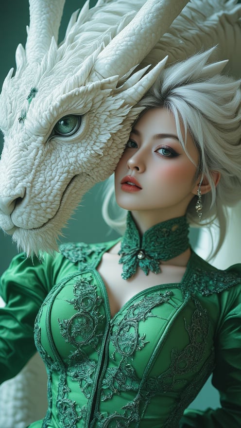 Extreme full body portrait of a woman, piercing eye, wisps of white hair visible, looking at viewer, reflecting the intricate emerald lace of her gown and the shimmering scales of a white dragon