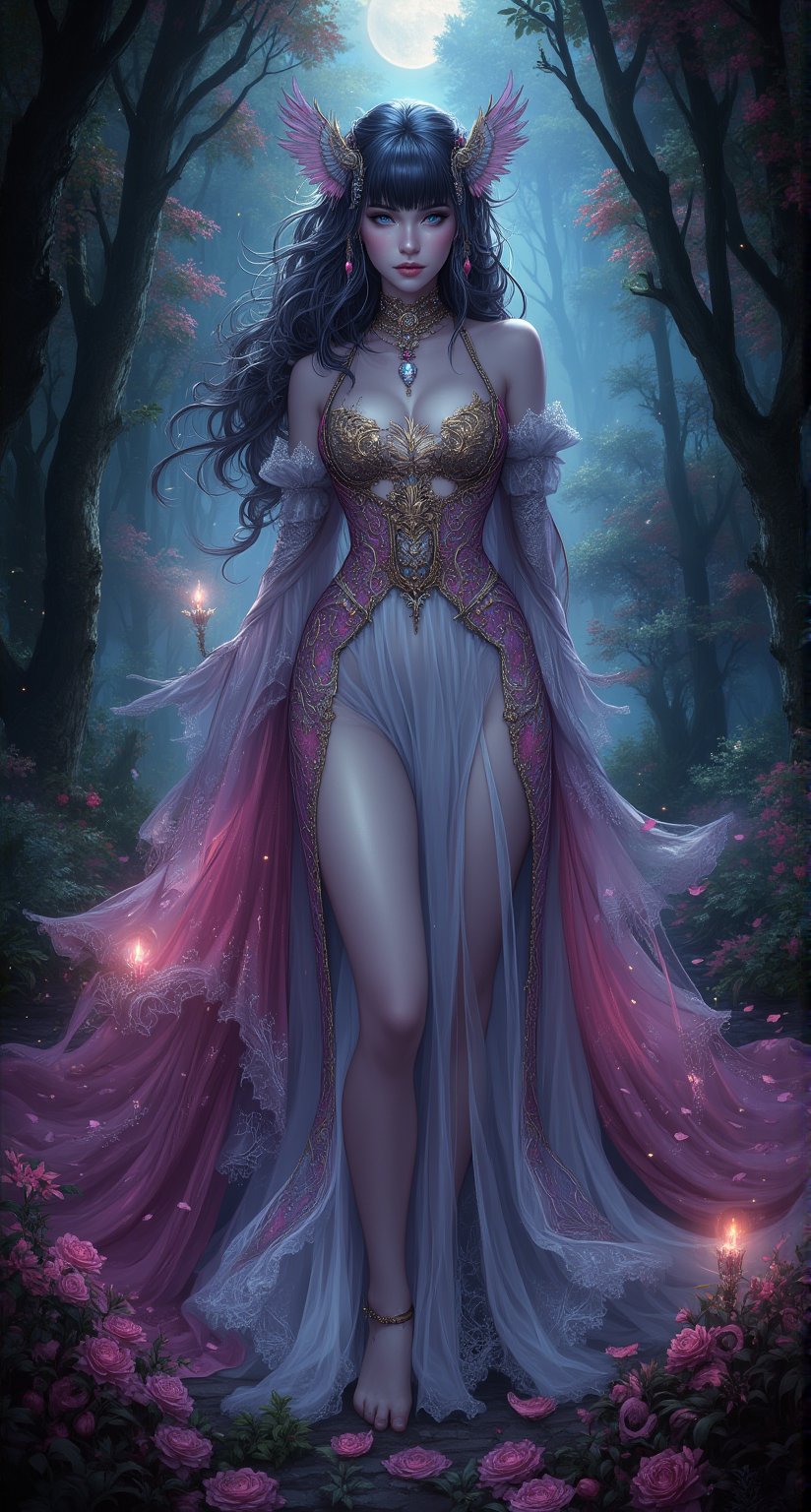 In the mystical forest, where moonlight weaves a silver tapestry across the floor, a stunning sorceress emerges from the shadows. She stands tall, veiled in crimson silk that cascades like a waterfall of night down her shoulders. Her eyes aglow like embers, she strikes a pose, emphasizing her impressive bosom beneath the tulle cape that unfurls behind her like a cloud.

The forest floor is strewn with flowers, their delicate petals reflecting the intricate gold Phoenix embroidery that wraps around her neck like a serpent. The incomparable details of her beauty are matched only by the delicacy of her skin, which seems to radiate an inner light. Her long, flowing hair appears to writhe and shift like a living thing, entwined with crystal and silver threads that glint like starlight.

As she moves, a gorgeous sacred pink pattern spreads across her arms and torso, as if the essence of magic had been distilled into her being. Her skin is taut and unblemished, with a subtle sheen that hints at the power coursing through her veins. She wears a white lace dress with intricate costume design, complete with a choker, hair beads, snowflake hair ornament, lolita hairband, and ascot. Her blue eyes sparkle beneath long bangs and blunt fringe, framing her closed mouth and captivating smile.