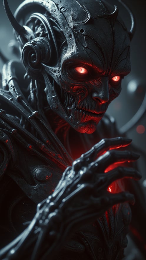 In a breathtaking 8K masterpiece, an absurdly detailed biomechanical warrior bursts forth from cinematic shadows, its metallic exoskeleton radiating a blood-red hue under the soft glow of dim light. The space vampire's finely crafted face is centered, eyes aglow with an otherworldly intensity as it turns to face us in fluid motion. The nose and hand are beautifully detailed, with delicate features that invite scrutiny. Cinematic composition guides our gaze, while extreme full-body portraiture showcases the warrior's intricate biomechanical design.