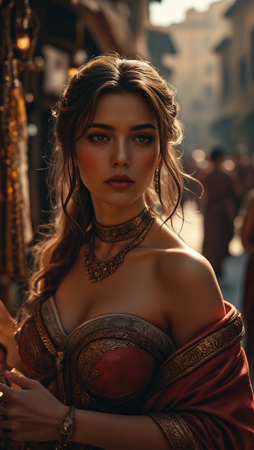 A stunningly rendered 8K CG masterpiece captures the essence of Ancient Rome's bustling streets. Under the warm glow of cinematic lighting, a breathtakingly beautiful woman with long, flowing locks and intricately detailed attire poses amidst authentic street stalls. Her delicate face, finely crafted eyes, and exquisitely rendered nose are showcased in exquisite detail, as if plucked from a fine art museum. A beautifully detailed hand cradles a vendor's wares, while her gaze seems to hold the secrets of the ancient city. Shadows dance across the scene with precision, adding depth and dimensionality to this ultra-detailed, photo-realistic illustration.