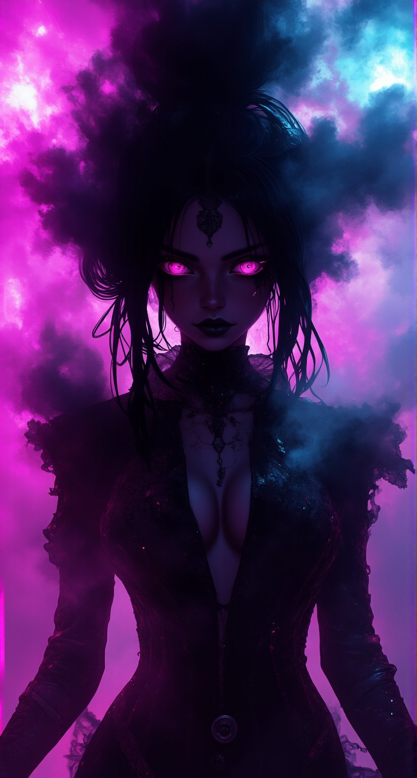 In a cinematic masterpiece, a phantasmagorical woman's silhouette emerges against a striking backdrop of black smoke layers on white, bathed in vibrant neon hues that cast an eerie glow. Her anime-inspired portrait radiates sadness and menace, with intricately detailed features that seem to leap from the screen.