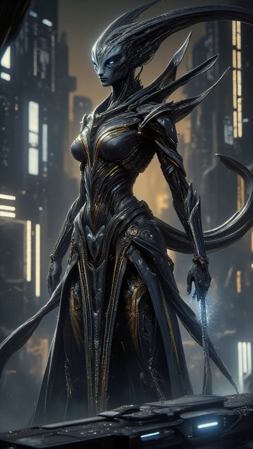 Render an otherworldly alien warrior standing tall in a futuristic cityscape bathed in neon hues of gold, white, and black. Capture her full figure from head to toe, showcasing her majestic physique and razor-sharp facial features. Her eyes gleam like polished gemstones, shining bright with ethereal intensity. In the foreground, grasp a sleek device emitting a soft blue glow that echoes luminescent accents on armor.