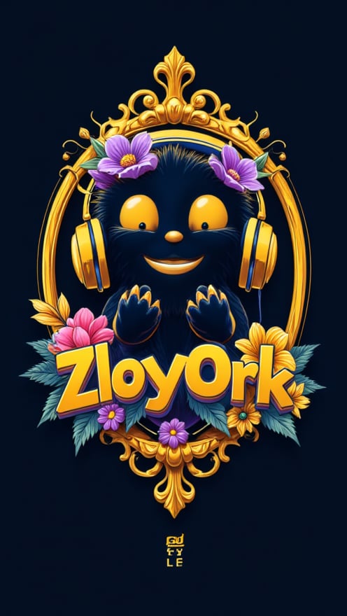 Logo badge. Design a playful and memorable logo that features the silhouette of a cute monster wearing large headphones. The monster should have a friendly expression and be adorned with colorful flowers to emphasize a fun and whimsical vibe. Enclose this design within an elegant golden frame to give it a touch of sophistication. Position the text 'ZloyOrk' in a playful yet stylish font that complements the overall design. The color scheme should prominently feature gold, along with vibrant colors for the flowers to make the logo stand out.