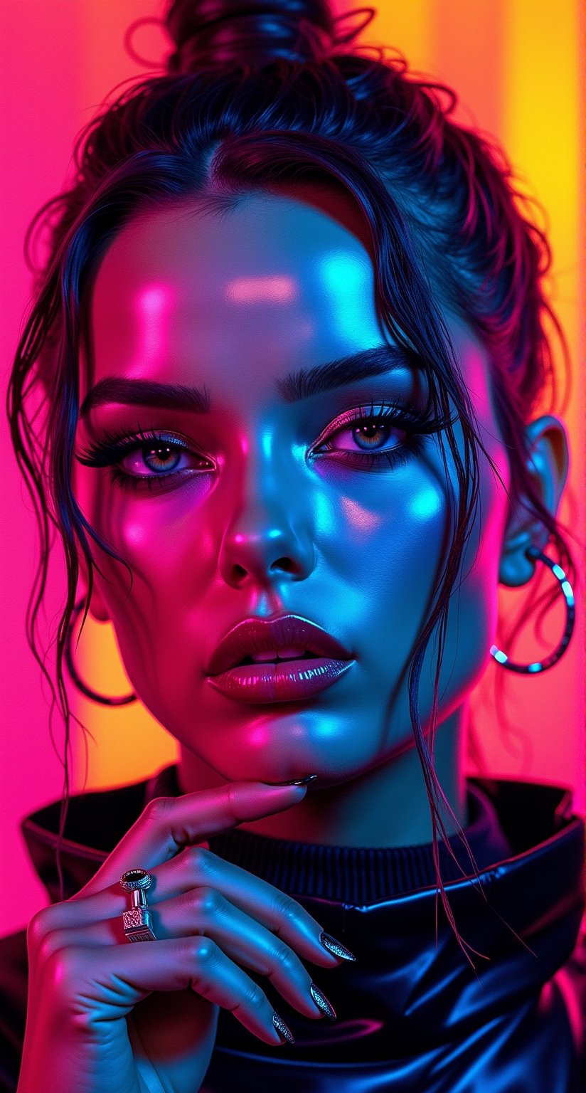 A masterpiece in 8K resolution, 'GraffiStyle' brings atom punk glamour to a beautiful woman's canvas-papery skin. Set against a backdrop of bold, high-contrast colors, she poses with confident flamboyance, embodying the aesthetic of a 1990s cyberpunk vision. Sharp contours accentuate her features, juxtaposing vibrant hues like neon pink, electric blue, and metallic silver. Execution is flawless, reminiscent of renowned street artists.