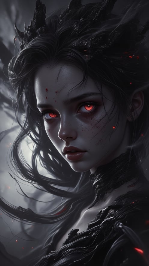 In this cinematic masterpiece, a phantasmagorical woman's silhouette materializes against a backdrop of black on white smoke layers, bathed in vibrant neon glow. Her anime-inspired portrait radiates sadness and menace, with intricately detailed features that seem to leap from the canvas. Her eyes, pools of crystal clear clarity, convey depth of sorrow and calculation. Finely detailed, ultra-detailed, high-res, absurdly resolute, her cute delicate face is framed by cinematic lighting, casting a best shadow. Beautifully detailed nose complete the portrait. The air thick with horror and nightmare fuel as this sadistic woman's form seems to writhe in agony, her existence a testament to blurred lines between sci-fi fantasy and darkest reality.