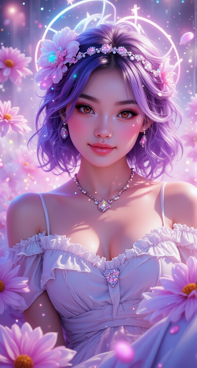  A whimsical tableau unfolds: a lovely woman, face aglow with a passion smile, gazes directly at us from amidst a radiant, pastel-hued backdrop featuring a shining star symbol. Her delicate features are set off by her short, purple locks tied back in a braid adorned with a bow hairband and a white halo, while cat gloves add a touch of mystique. A stunning, light-colored frilled dress drapes elegantly around her, accented by a choker and sparkling eye adornments that seem to whisper secrets. Her mesmerizing, big, droopy red eyes, with ultra-detailed pupils, draw us in, as if beckoning us into this enchanting fantasy realm.