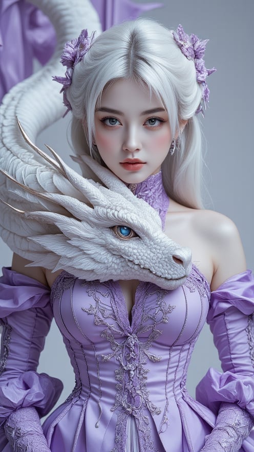 Extreme full body portrait of a woman, piercing eye, wisps of white hair visible, looking at viewer, reflecting the intricate purple lace of her gown and the shimmering scales of a white dragon