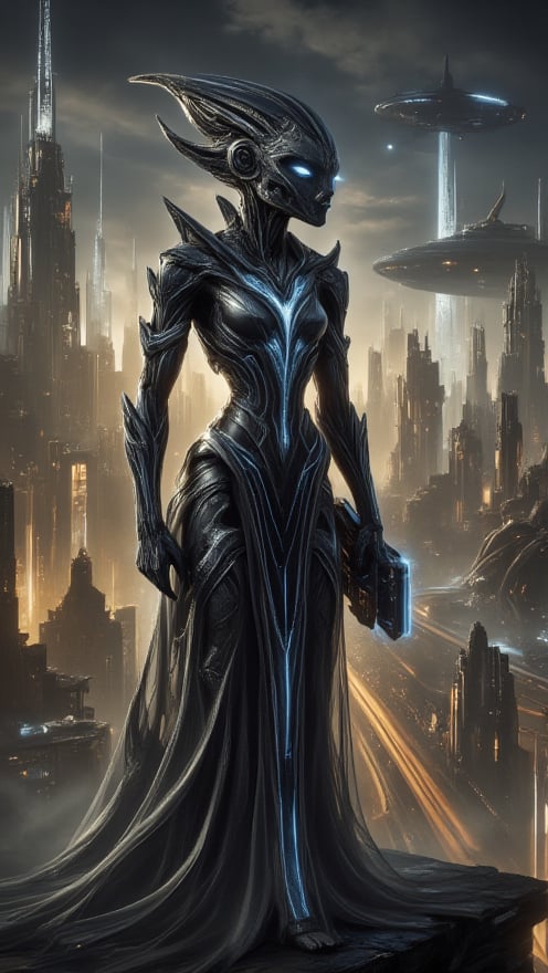 In an otherworldly cityscape, a statuesque alien warrior stands tall, her figure silhouetted against a neon-lit backdrop of gleaming skyscrapers and hovering spacecraft. Her majestic physique is showcased from head to toe, with razor-sharp facial features that seem chiseled from the very stars themselves. Her eyes, like polished gemstones, shine bright with ethereal intensity as she grasps a sleek device emitting a soft blue glow that echoes luminescent accents on her gleaming armor. The city's neon hues of gold, white, and black cast an eerie glow, illuminating her regal presence as she surveys the futuristic metropolis.