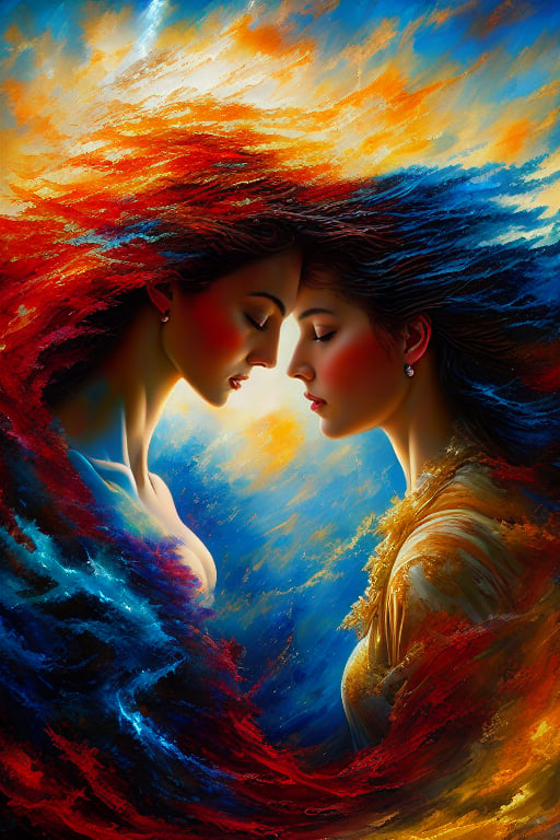 Two souls entwined amidst tumultuous skies, a tempestuous dance under the fiery storm's veil. A palette knife swirls vibrant hues: cobalt blues, cadmium reds, and ochre yellows, as the artist's brushstrokes converge with nature's fury. The subjects' faces aglow, their love shines brighter than the lightning's crackle, as they cling together in a fierce embrace, defying the tempest's wrath.