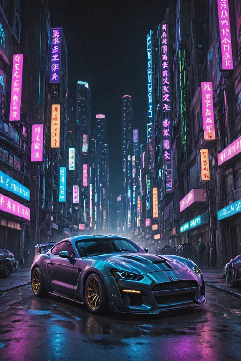 1 car, A Ford Shelby Cobra in cyberpunk style, no humans, cyberpunk neon city, 