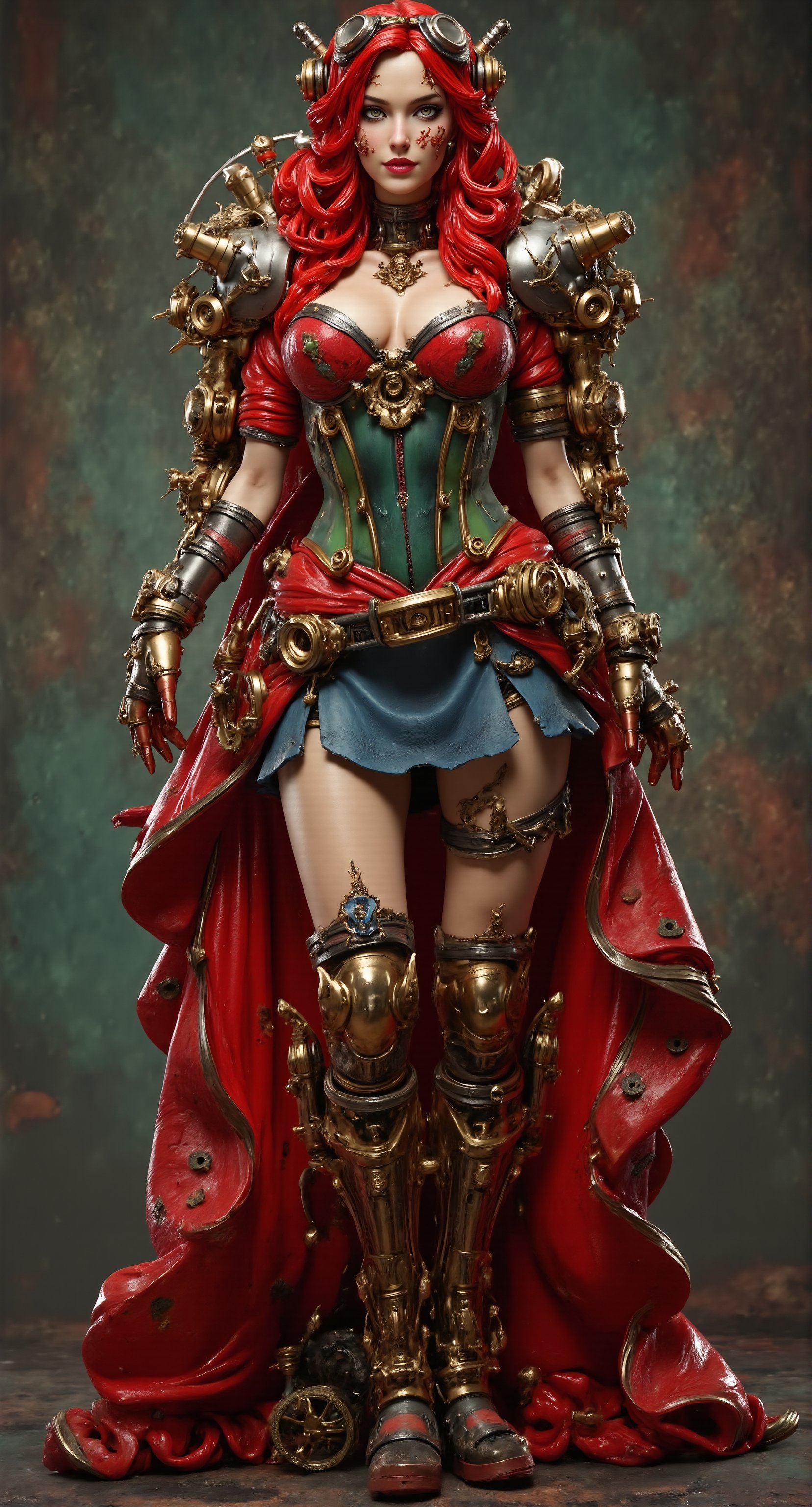 The beautiful model resin depicts a very beautiful red-haired woman dressed as the Queen of Love, blending regal elegance with steampunk and cybernetic elements. She wears a striking red dress with a green corset that emphasizes her waist, paired with a short blue skirt that adds a playful touch. The outfit is adorned with steampunk accessories—gears, goggles, and metallic details—integrated with cybernetic enhancements that give her a futuristic edge. The background is textured with complementary colors of red, green, and blue, creating a vibrant and dynamic atmosphere that highlights her commanding presence.