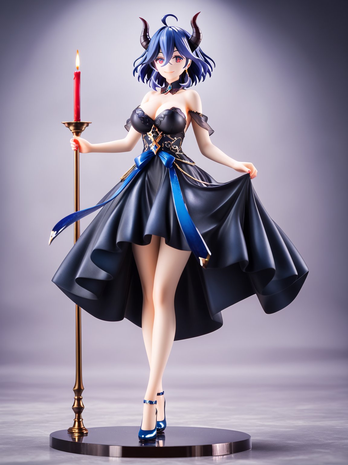 masterpiece, best quality, highres
,//Character, 
1girl, solo, vermeil \(KINSOU NO VERMEIL\), short hair, blue hair, hair between eyes, ruby eyes, horns, ahoge, big breasts, full body, long beauty legs
,//Fashion, 
black dress, bare shoulders, detached collar, cleavage, passion smile
,//Background, 
,//Others, ,Expressiveh, 
A young demoness, standing sexy pose, surrounded by ominous statues and flickering red candles, detailed background., score_9_up, score_8_up,score_7_up,3D,PVC Style