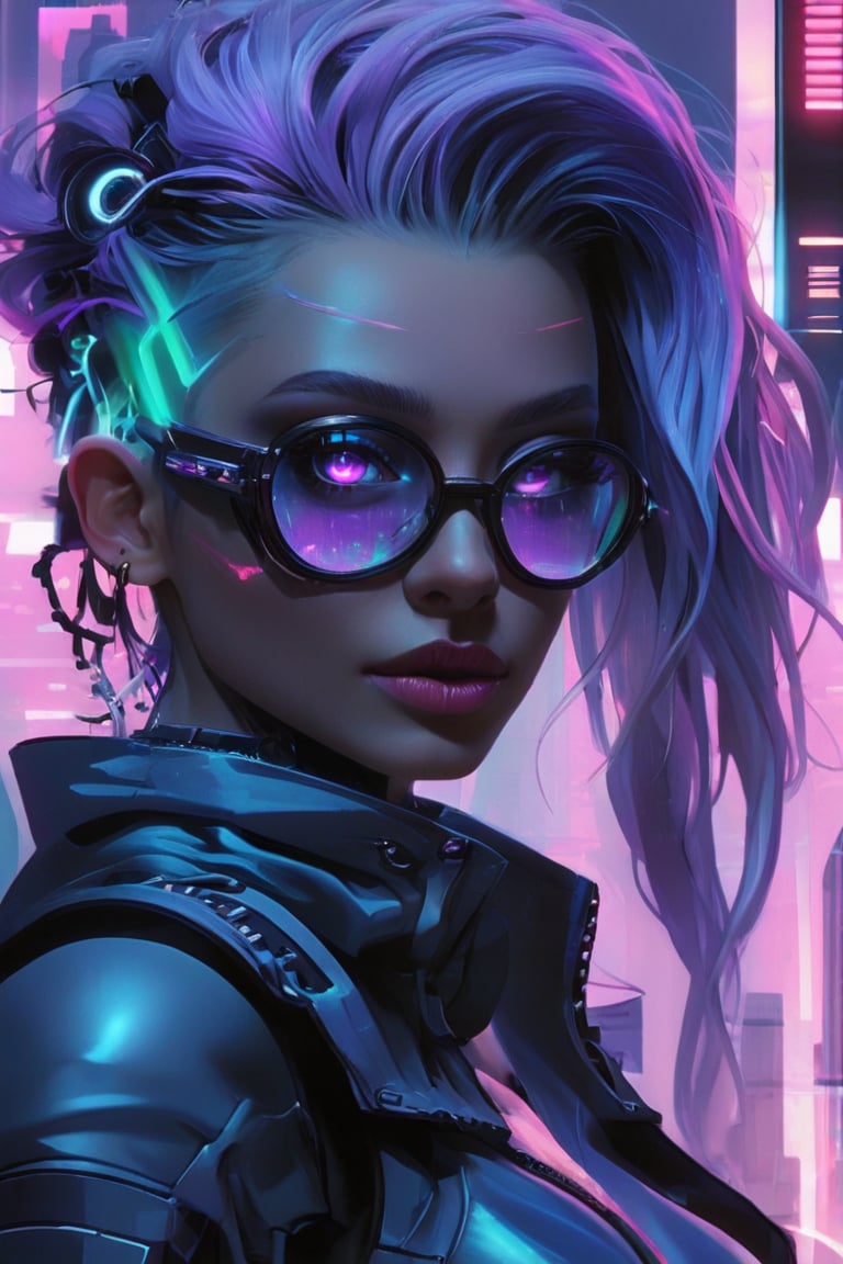 beautiful pale cyberpunk female, hyper detail, cinematic lighting, purple hair, emerald neon light city, 4k, trending on artstation, pixiv, perfect detail, Jeremy Mann, Rutkowski, and other Artstation illustrators, intricate details, face, passion smile, neon sunglasses, full body portrait, headshot, illustration, UHD, 4K, high resolution face, detailed face, high definition eyes, detailed eyes,cyberpunk style