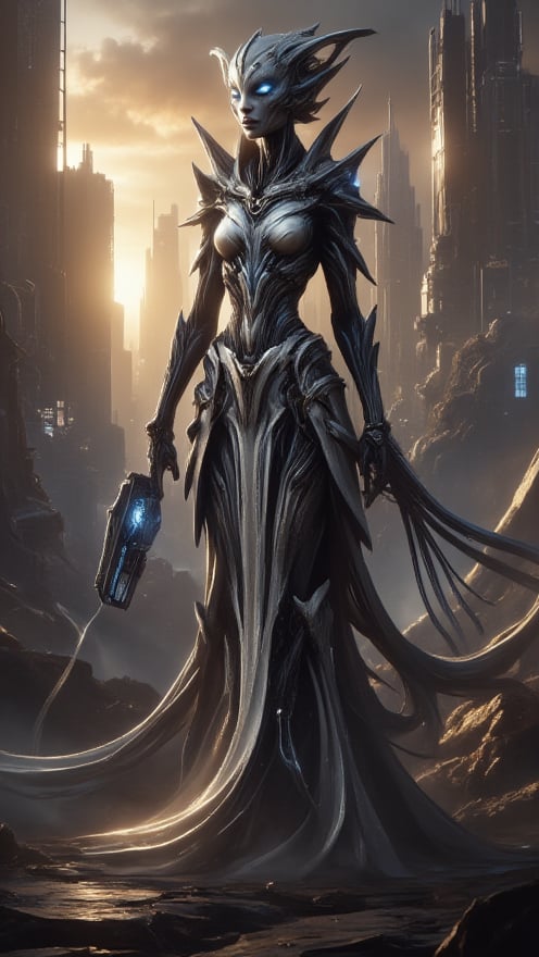 Render an otherworldly alien warrior standing tall in a futuristic cityscape bathed in neon hues of gold, white, and black. Capture her full figure from head to toe, showcasing her majestic physique and razor-sharp facial features. Her eyes gleam like polished gemstones, shining bright with ethereal intensity. In the foreground, grasp a sleek device emitting a soft blue glow that echoes luminescent accents on armor.