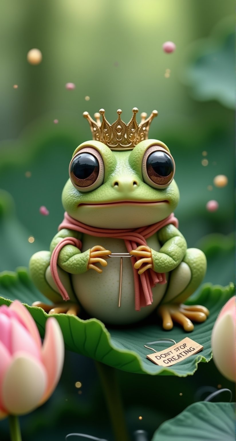 Meme, A 3d cartoon style frog sexy pose on a lotus leaf, knitting a silk scarf with needles and crown. Luxury makeup on her face, The frog's expression is joyful and focused, with its tiny hands carefully working on the scarf. Surrounding it are blooming lotus flowers, adding soft pinks and whites to the vibrant green setting. The scene is whimsical and enchanting, with the frog's scarf growing longer as it knits, creating a charming, magical atmosphere. There is a label on the leaf with the inscription "Don't stop creating" on it.