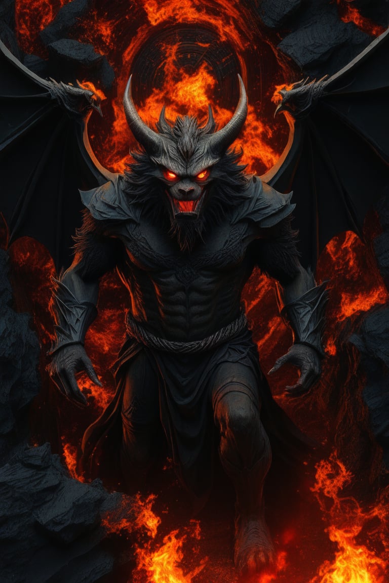 Extreme full body portrait of a Infernal Gargoyle the Lord of Terror, complex construction, Abstract background with chaotic intersected relief circles pattern over old black stones texture, 12K, HD, hyper detailed in burning hell, (piercing flame eyes)+, vibrant colors, masterpiece, 12K, UHD, upperbody portrait, depth of field, 12K, HD, ultra high definition,