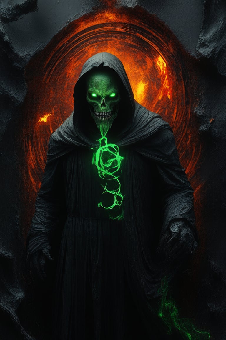 Extreme full body portrait of a Infernal Grim reaper, complex construction, Abstract background with chaotic intersected relief circles pattern over old black stones texture, 12K, HD, hyper detailed in burning hell, (piercing green flame eyes)+, vibrant colors, masterpiece, 12K, UHD, upperbody portrait, depth of field, 12K, HD, ultra high definition,