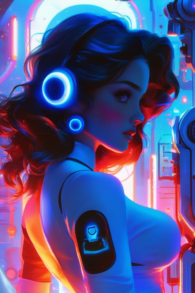 by Loish, Leyendecker, James Gilleard, beautiful woman, leaning back, cute face, anatomically correct, (sexy and aesthetic), (cybernetic, cyborg:0.3), color pallete, retro futuristic, space ship interior background, cyberpunk.