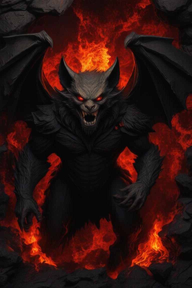 Extreme full body portrait of a Infernal Gargoyle the Lord of Terror, complex construction, Abstract background with chaotic intersected relief circles pattern over old black stones texture, 12K, HD, hyper detailed in burning hell, (piercing flame eyes)+, vibrant colors, masterpiece, 12K, UHD, upperbody portrait, depth of field, 12K, HD, ultra high definition,