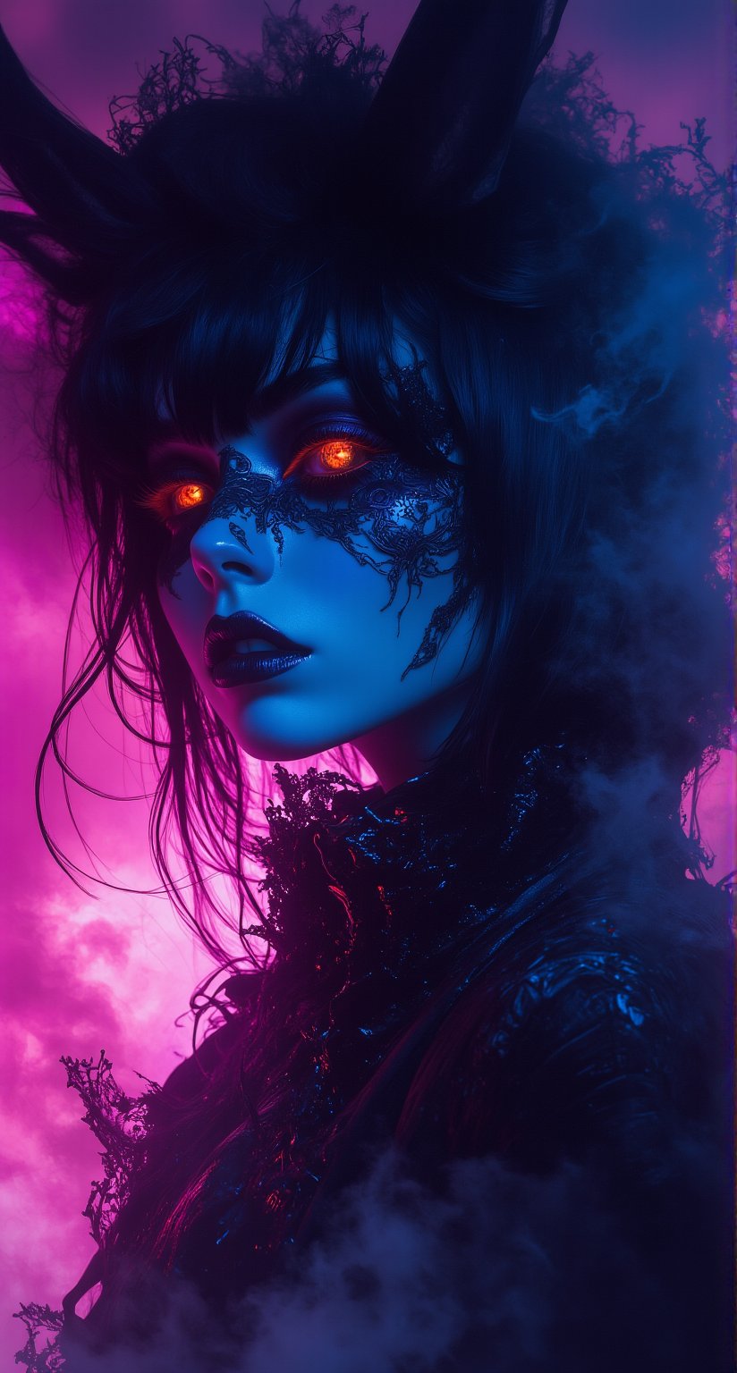 In a cinematic masterpiece, a phantasmagorical woman's silhouette emerges against a striking backdrop of black smoke layers on white, bathed in vibrant neon hues that cast an eerie glow. Her anime-inspired portrait radiates sadness and menace, with intricately detailed features that seem to leap from the screen.