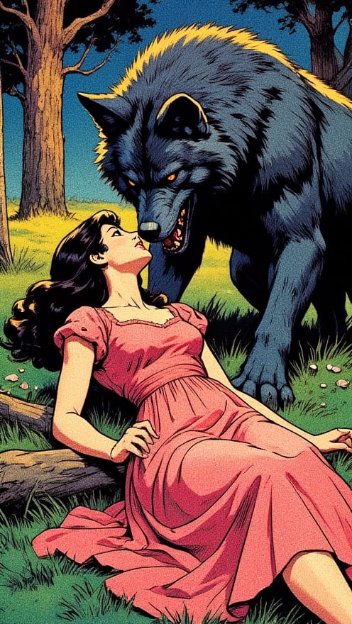 (by Loish, Leyendecker, James Gilleard),  Beautiful woman with black hair and pink dress is lying on the grass. The evil wolf helps the scared woman to stand up. 1970s theme and color pallete, summer, night, retro futuristic, forest background.