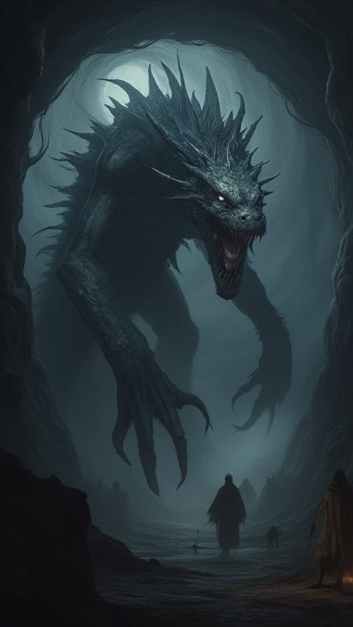 In a dark, swirling vortex, a majestic monster emerges, its razor-sharp claws glinting eerily in faint light amidst an unsettling fog that seems to writhe with malevolent intent. Ghostly apparitions twist around it, shrouded in an aura of terror. The Unity-rendered 8K masterpiece presents an ultra-detailed depiction of this eldritch horror, with finely tuned textures and absurdly high resolution rendering an uncanny sense of realism, as if the monster itself is a meticulously crafted, highly detailed CG illustration, radiating awe-inspiring presence.